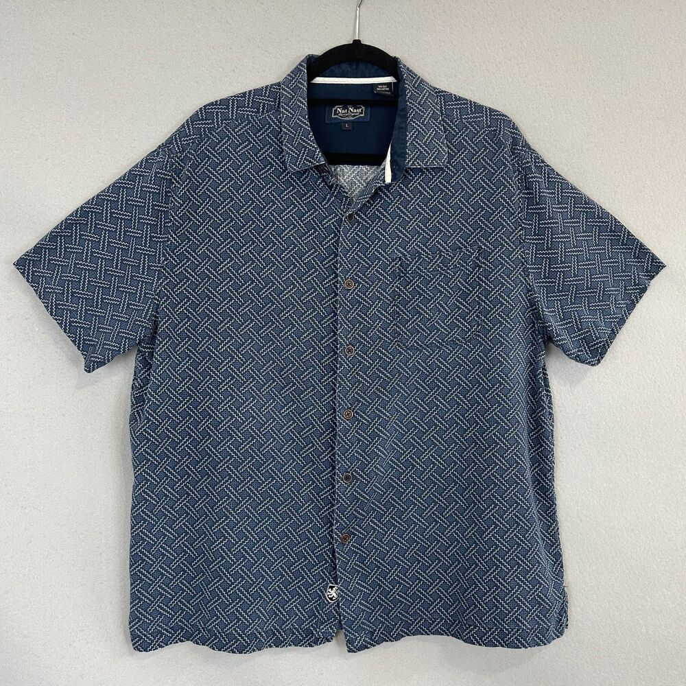 Nat Nast Silk Cotton Blend Camp Shirt Large Blue Geometric Cuban Resort Casual